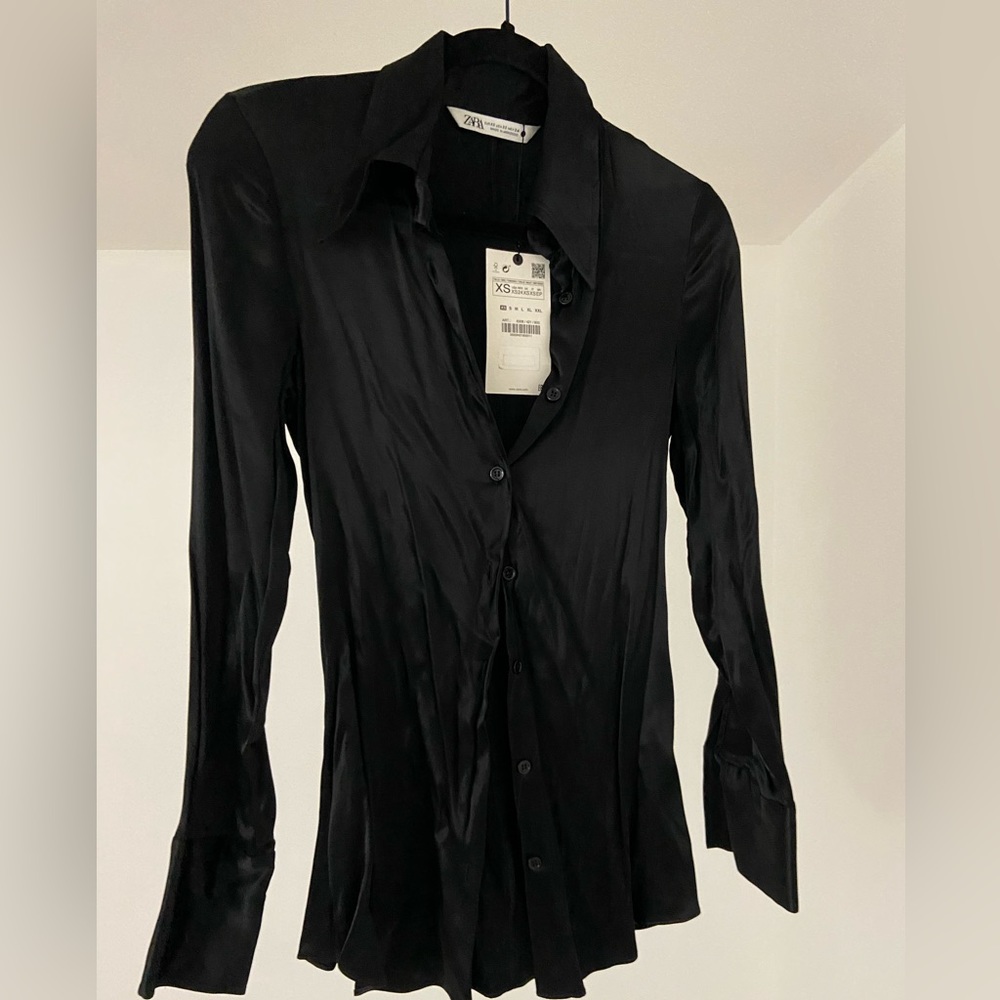 NWT ZARA black satin long sleeve top.